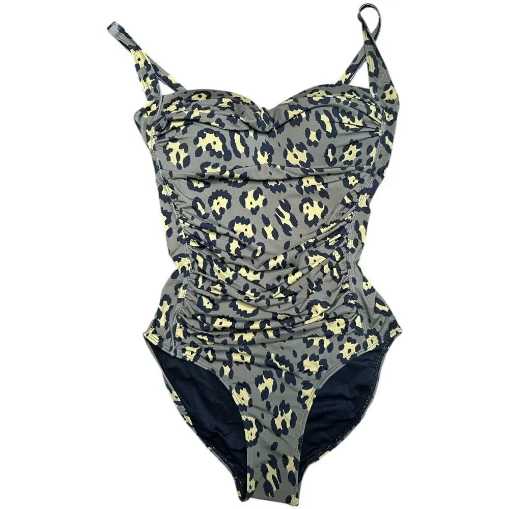 Betsey Johnson Olive Green Leopard Print Ruched One-Piece Swimsuit Swimwear M